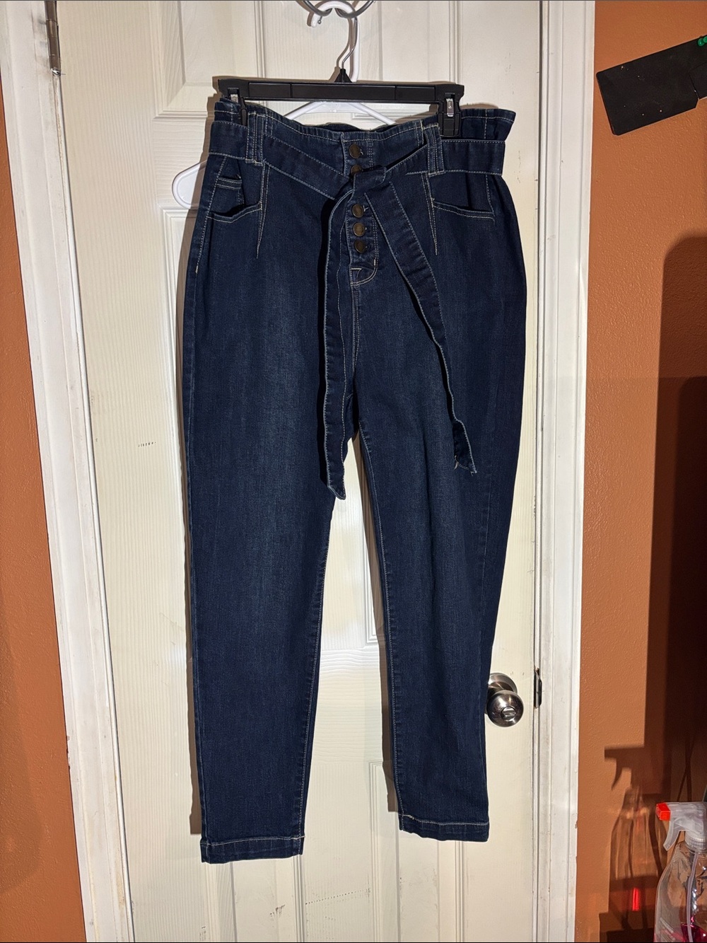 Fashion Nova Dark Blue High-Rise Paperbag Jeans with Tie Belt
